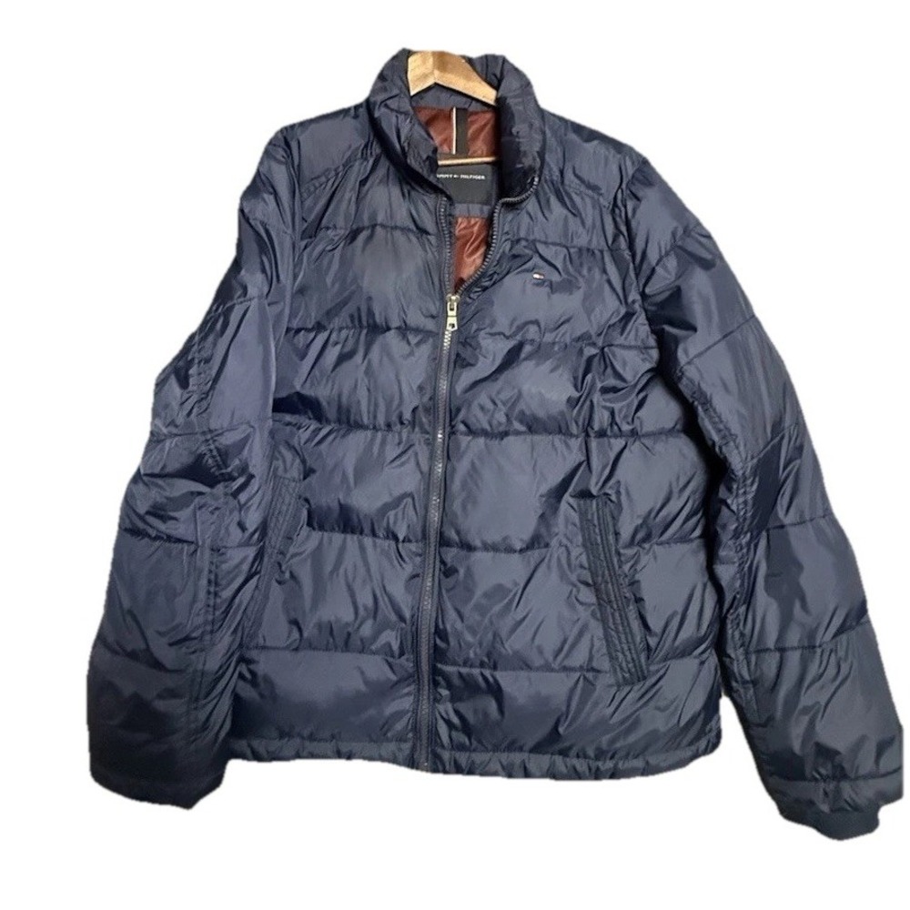 Tommy Hilfiger Men's Navy Puffer Jacket Size L Quilted Full Zip Winter Coat READ